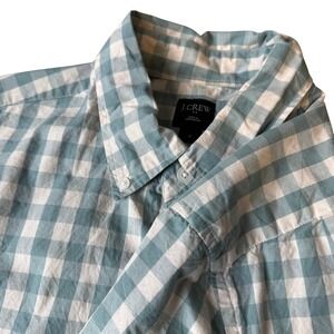 J.Crew Mens Short Sleeve Gingham Button Down Shirt Teal White Medium